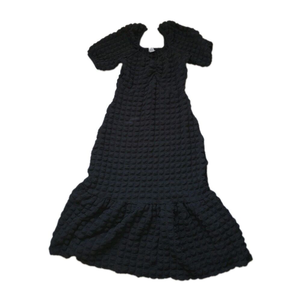 NY Invasion Black Textured Puff Sleeve Drop Waist Midi Dress Size M USA EUC